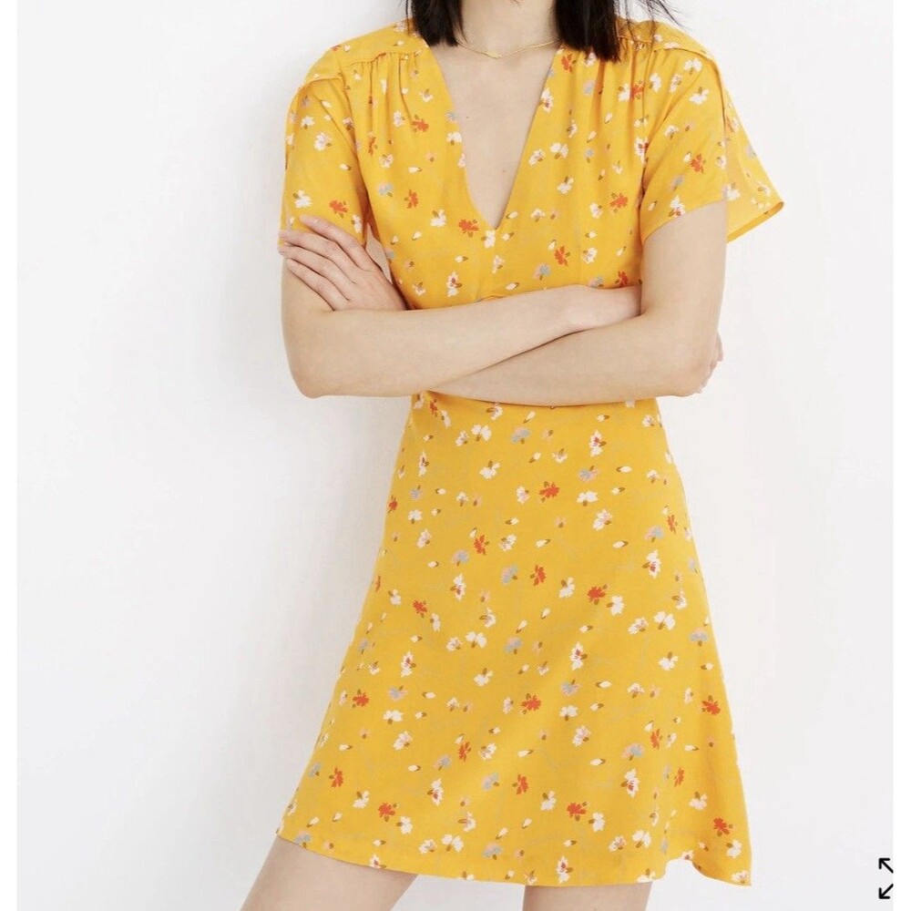 MADEWELL Split Sleeve Yellow Silk Belladonna Dress in Painted Carnations Sz 0
